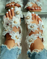 Sandalias planas con punta de talla grande para mujer con perlas y flores 3D de girasol, buen estilo - details 1