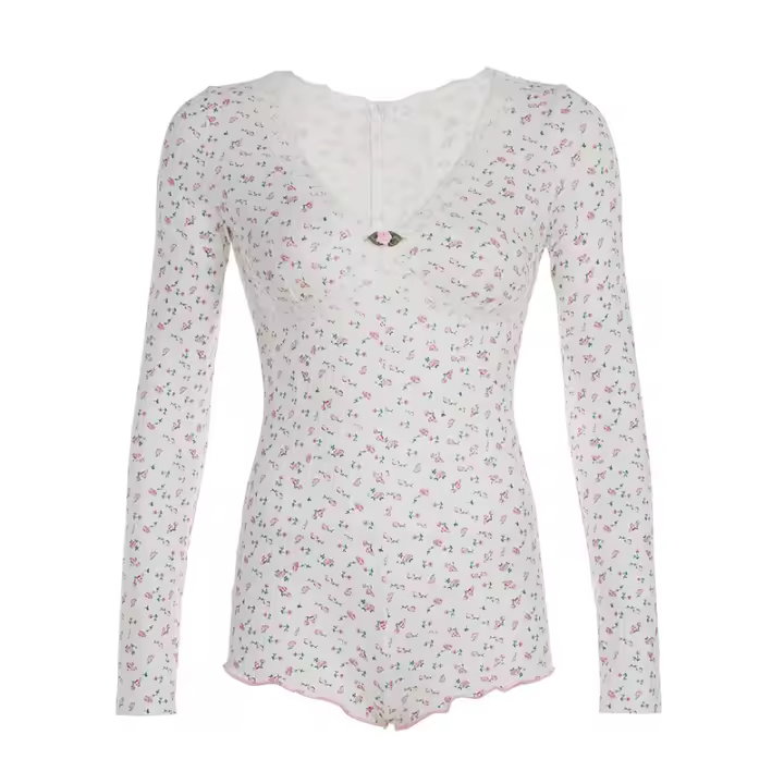Camisola Floral Miravia Mono Corto de Encaje Primavera/Verano 2024 Pijama Sensual con Mangas Largas para Casa Conjunto de Dormir Sexy Moda Hogar Trendy - 1