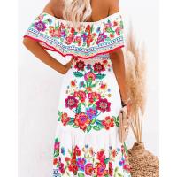BUNO-Vestido largo con estampado de azafrán, primavera 2024, novedad de verano, soporte independiente, hombros descubiertos, estampado de flores rojas, vestido largo de gran tamaño, dobladillo ancho, sin mangas - details 2