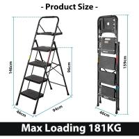 Escaleras Plegables de 4 Escalones, Capacidad de 150KG con Pedales Antideslizantes Anchos, Taburete de Mano de Acero, Manubrio de Esponja, Uso en Interiores y Exteriores, Negro - details 1