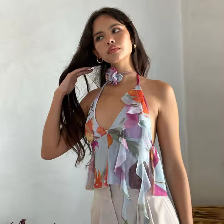 BUNO-Camiseta sin mangas con cuello en V para mujer, Top Sexy con cuello Halter, Rosa francés, moda Irregular, diseño fino, novedad de verano - 1