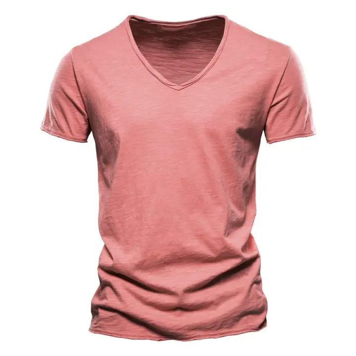 Camisetas de manga corta para hombre, camisetas informales de color sólido con cuello en v, Verano - 1
