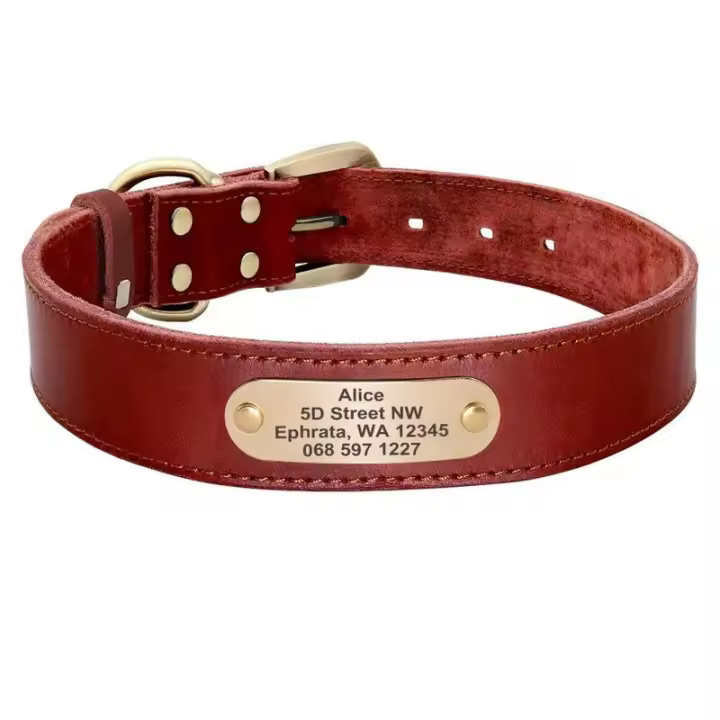 Conjunto de correa de collar de perro de cuero, collar de mascota personalizado, placa de identificación grabada gratis para perros pequeños, medianos y grandes - 1