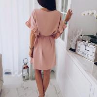Vestido de poliéster de manga corta para mujer, jersey de cuello redondo, suelto, fajas, sólido, moda de oficina, Verano - details 7