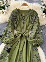 Vestido largo ceñido a la cintura con mangas abullonadas bordadas para primavera y otoño de estilo étnico bohemio para mujer A155 - details 3