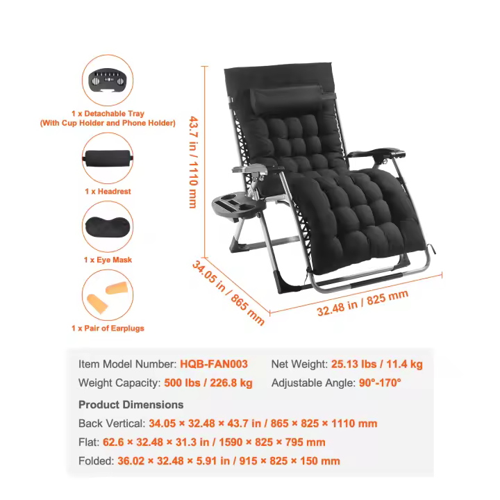 Silla SucceBuy Zero Gravity, negra. Ideal para interiores y exteriores. Ajustable con cojín, reposacabezas, reposapiés y portavasos. - 1