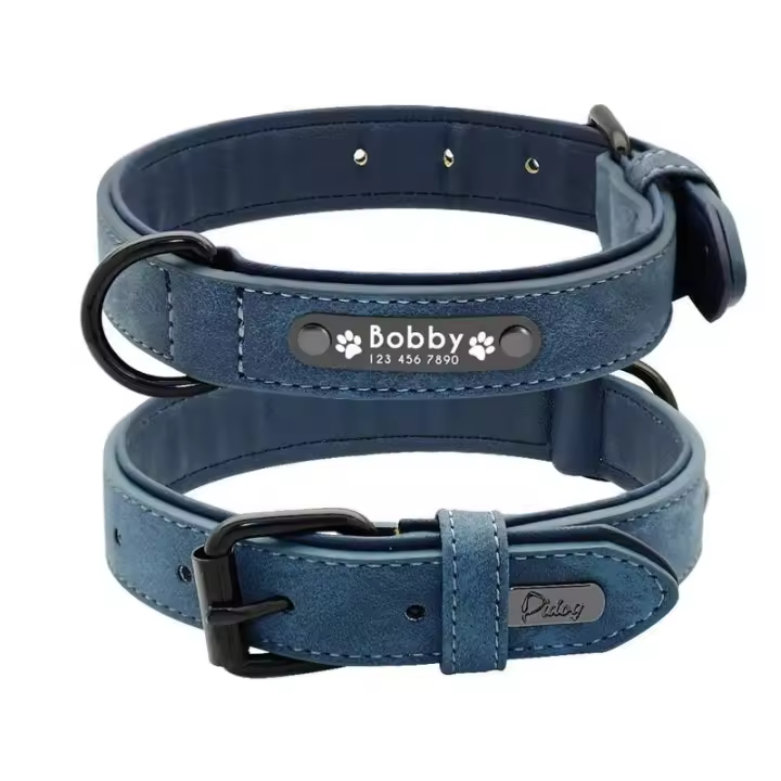 Juego Collar identificación perro cuero personalizado, correa plomo para perros pequeños, medianos y grandes, Pugs de Bulldog - 1