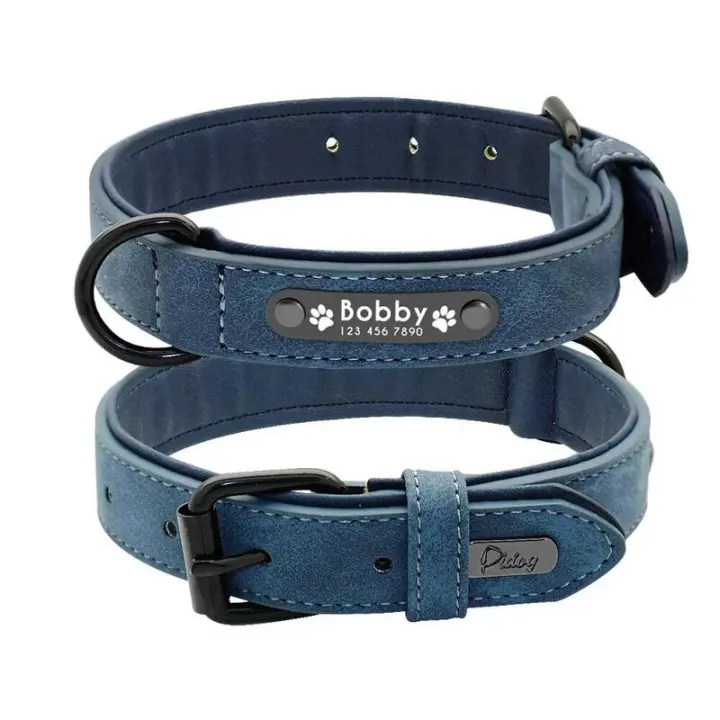 Juego Collar identificación perro cuero personalizado, correa plomo para perros pequeños, medianos y grandes, Pugs de Bulldog - 1