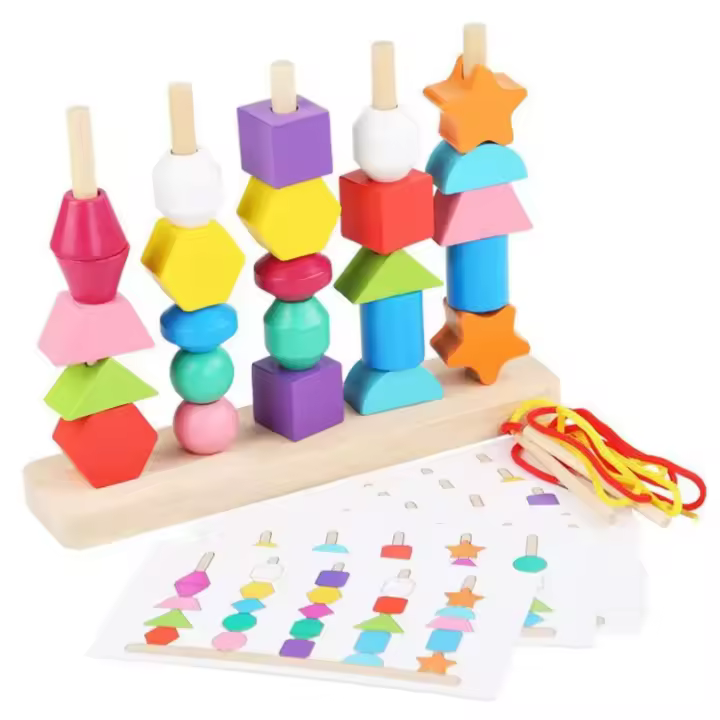 Juego de rompecabezas con forma geométrica de madera, bloques de construcción Montessori, decoración, enhebrado - 1