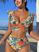 Traje de baño con estampado Retro para mujer, conjunto de Bikini de cintura alta con realce, ropa de playa para vacaciones - details 1