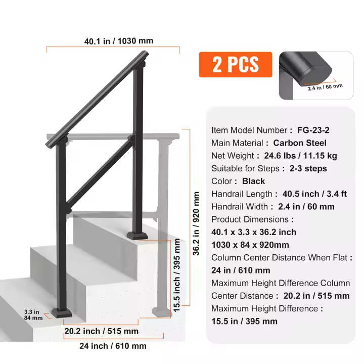 SucceBuy Pasamanos para escalones exteriores, kit de pasamanos para escaleras. Tubo cuadrado negro, barandillas de acero al carbono de transición - 1