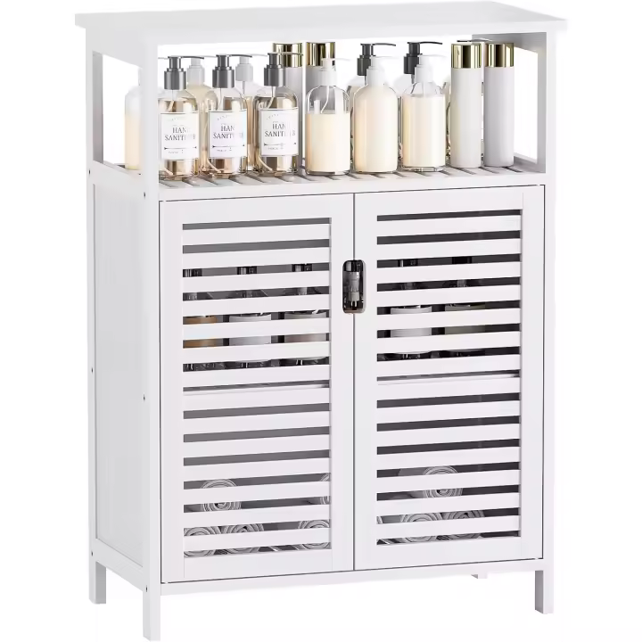Organizador de Armario de Cocina de pie con 2 Puertas de Persiana y Estantes Abiertos, Nogal - 1
