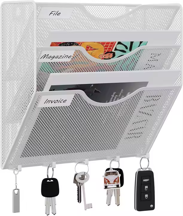 8 Compartimentos Metal A4 Soporte Revistas Pared Oficina Archivador De Pared Organizador Documentos Correo Pared Almacenamiento Archivos Revistero con 5 Ganchos,Blanco - 1
