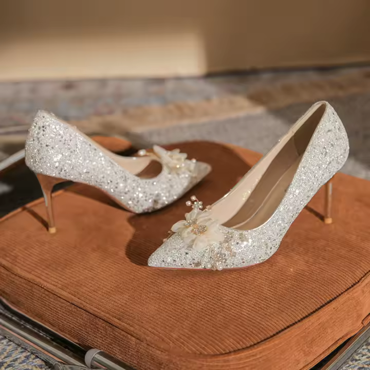 zapatos de cristal, flores, boda, estilo francés, perlas, nuevo estilo, pedrería, zapatos sencillos, brillo, dulce - 1