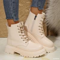 Botas de moto de cuero Pu para mujer, botas de tobillo cálidas con cordones de felpa, tacón plano beige negro, botas de algodón antideslizantes, invierno - details 9