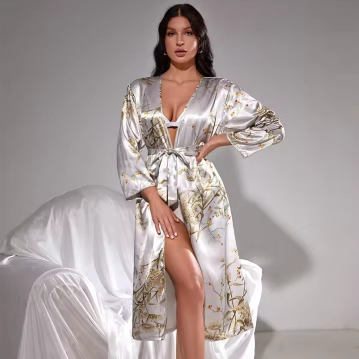 Elegante camisón de seda de imitación para mujer, vestido de noche de media manga con lazos. - 1