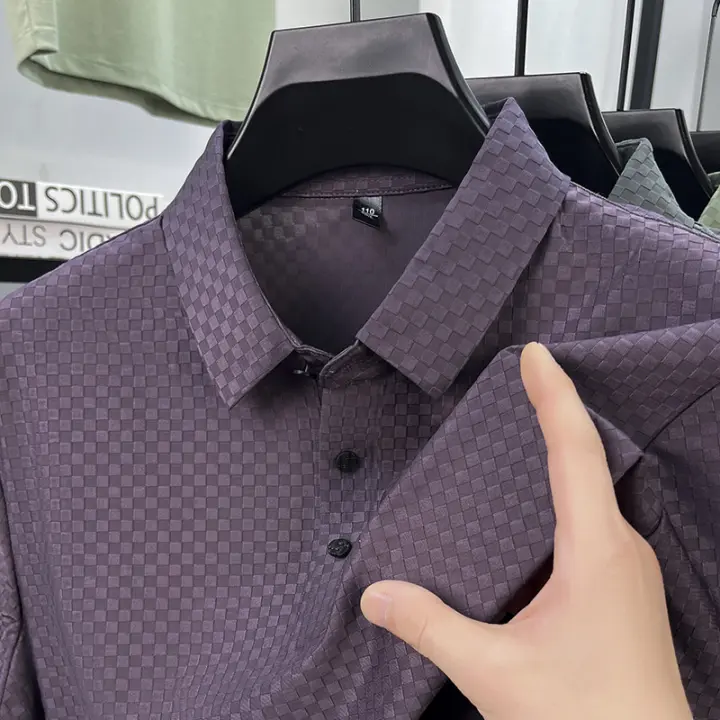 Camiseta de manga corta sin costuras Ice Silk para hombre, resistente y sin arrugas. Polo de verano con cuello business, holgado y fino, - 1