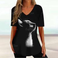 Camiseta Gráfica de Gato Kawaii Manga Corta, Estampado Haruku, Cuello en V, Ropa Suelta para Mujeres - details 13