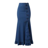 Falda larga de cintura alta para mujer, falda de medio cuerpo, dobladillo con volantes irregulares, elegante, Vintage, color sólido - details 1