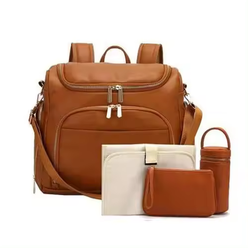 Mochila para pañales de cuero PU + cambiador + correas para cochecito + bolsa aislante + bolsa de cosméticos - 1