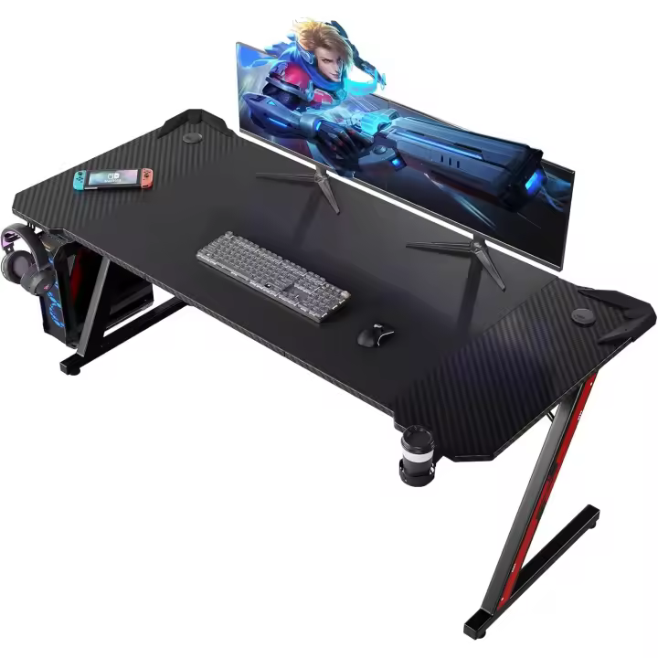 Forma de Z Ergonómica, Mesa Gamer de Fibra de Carbono, Mesa para Ordenador con Portavasos y Gancho - 1