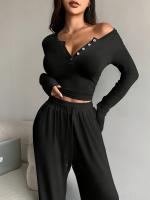 Nuevo Conjunto de Moda de Temporada Corta 2025 Camiseta de Manga Larga, Pantalones de Pierna Ancha, Cuello en V - details 3