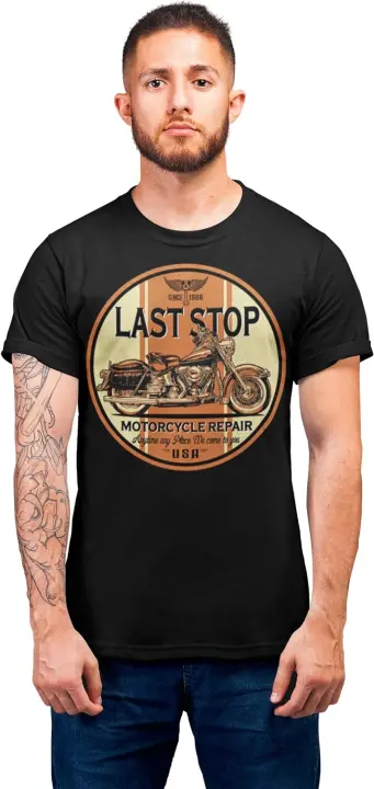 Camiseta de motocicleta Last Stop para hombre, camiseta de motorista Rider Route 66, Harley Vintage, negra - 1