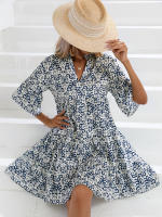 Vestido corto informal con estampado Floral para mujer, minivestido playero bohemio con manga de loto y cuello en V, color azul - details 4