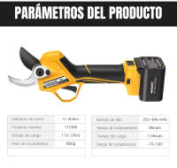 Podadoras eléctricas profesionales PRU45PLUS de 45mm, tijeras de podar inalámbricas de 1150W para huertos, árboles frutales, poda de ramas de olivares - details 1