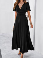 Dama profundaVVestido de noche de fiesta plisado de cintura alta con cuello de manga corta vestido de cóctel - details 11