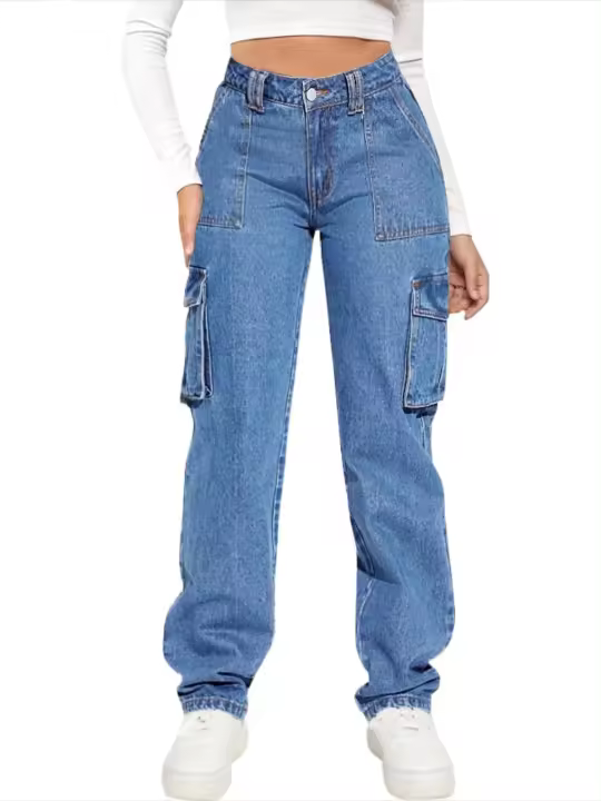Pantalones Jeans de Denim de Pierna Recta para Mujer Pantalones Cargo de Bolsillo de Alta Calidad - 1