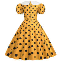 Vestido midi elegante de fiesta con cuello Peter Pan, lunares y mangas cortas abullonadas para mujer, ideal para el verano. - details 12