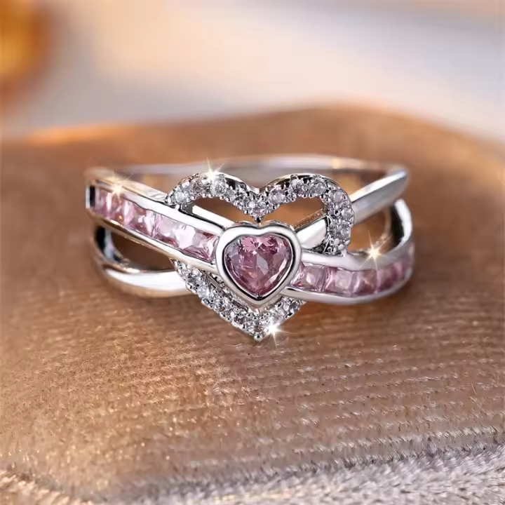 Boda nupcial en forma de corazón de plata, circonita rosa y blanca, anillo de compromiso femenino, joyería de lujo para el día de San Valentín, regalo de moda para el día de la madre - 1