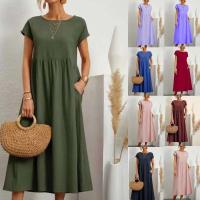 Vestido largo Vintage liso de verano con cuello redondo y manga corta de algodón para mujer, vestido veraniego holgado informal para mujer - details 1