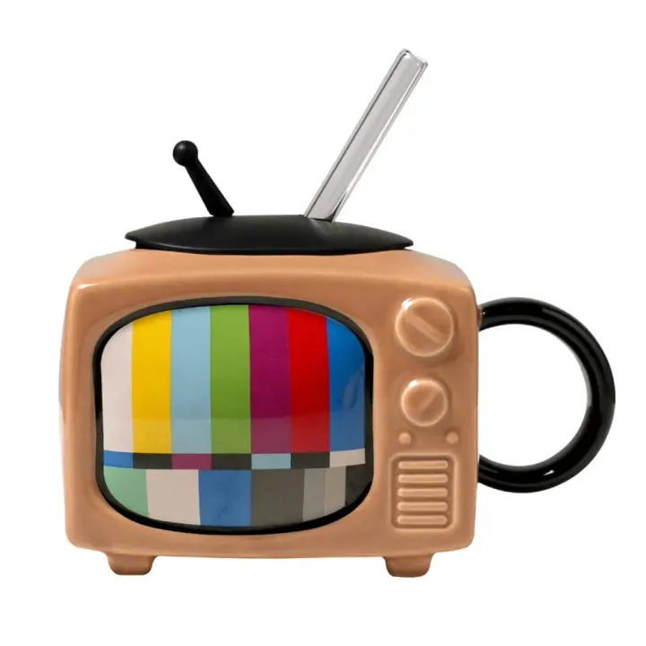 Taza de café de cerámica para televisión 3D con pajita y tapa, taza para beber con forma de TV Retro, taza de té, regalo de cumpleaños - 1
