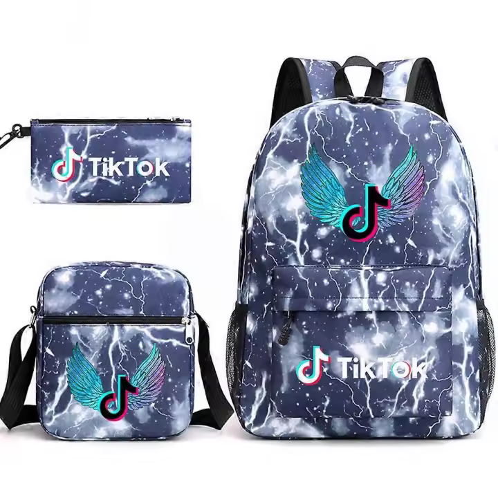 Mochila escolar Tiktok de tres piezas, mochila informal para estudiantes, mochila para exteriores de gran capacidad, bolso de lona informal, azul relámpago ~ 1 - 1