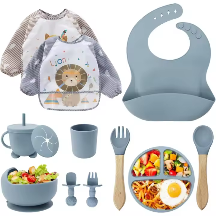 Cubiertos Bebe,Juego de 12 Piezas Platos Bebe con Ventosa, Bebé,Cubiertos Infantiles,Juegos de Vajilla Bebe,Cuchara Bebe,Babero Silicona Bebe,Plato de Silicón Antideslizante Sin BPA… - 1