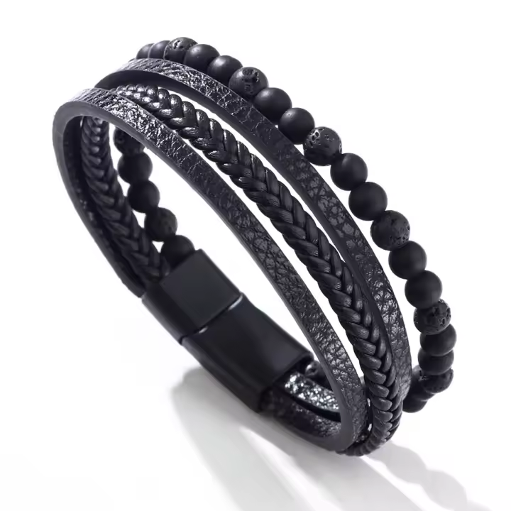 Pulsera de hombre ins pulsera de hebilla magnética de ojo de tigre tejida con viento, pulsera retro de cuero PU de piedra natural. - 1