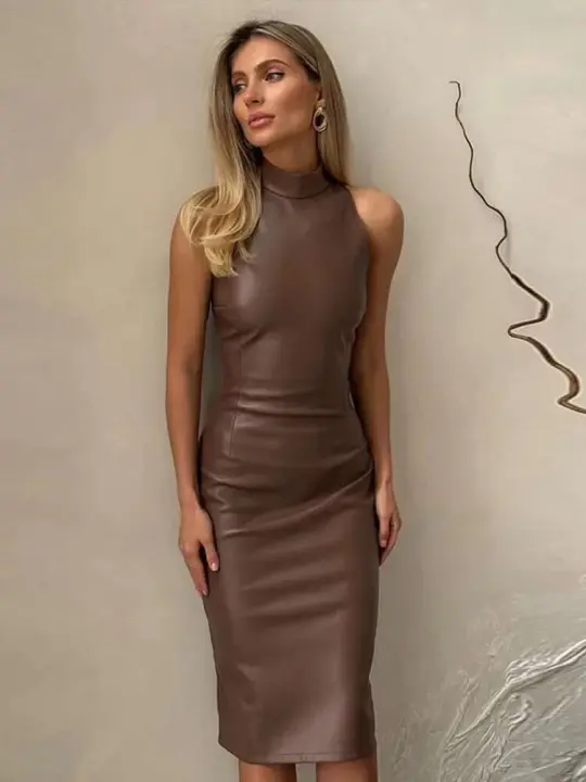 Elegante Vestido de Cuero Midi Vintage Cuello Redondo Adelgazante sin Mangas - 1