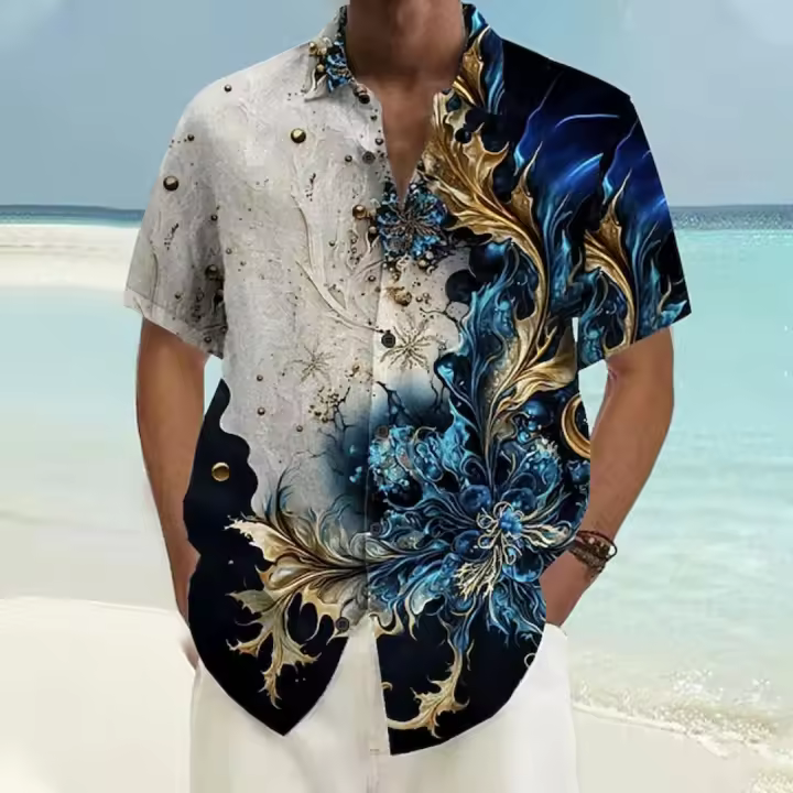 Camisas coloridas de verano para hombre, moda para actividades al aire libre, camisetas de manga corta con estampado láser, ropa de talla grande para hombre sin bolsillo - 1