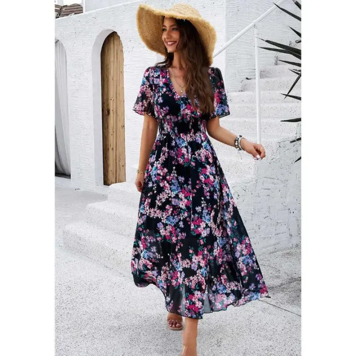 Vestido de chifón de manga corta con estampado y cintura ajustada, nuevo estilo Primavera/Verano 2025 para mujer - 1