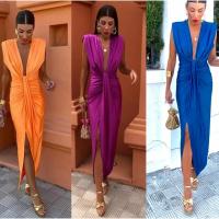 BUNO-2025 Vestido midi sin mangas plisado con cuello en V de satén elegante para mujer. - details 2