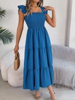 Escote cuadrado de verano con mangas anchas y pliegues, vestido informal de algodón transpirable para playa o uso diario, estilo bohemio - details 8