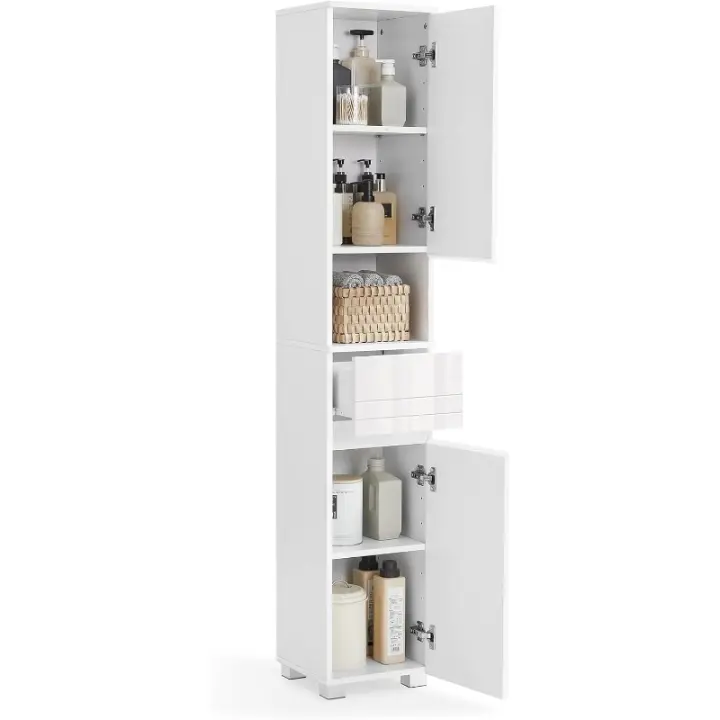 Mueble de Baño, Armario, Unidad de Almacenamiento, con un Cajón, Estantería, Compartimentos, Estantes Regulables, 30 x 30 x 170 cm, Blanco BBC560P31 - 1