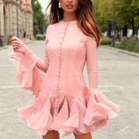 Vestido Mini de Cintura Alta con Mangas Afloradas Estilo Elegante de Una sola Brecha para Mujeres - details 10