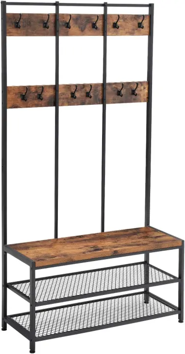 Mueble de Entrada Industrial 12 Ganchos y Banco para Zapatos Estilizado en Marrón Rústico y Negro - 1