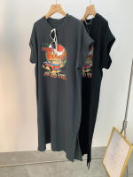 Camiseta de manga corta Retro americana para mujer, falda, vestido largo informal holgado de talla grande con abertura, novedad de verano 2025 - details 6