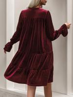 Otoño e Invierno suelto Color sólido con cuello en V vestidos de manga larga para mujer nuevo en elegante Retro Casual Midi vestido femenino - details 22