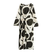 OUWU- Mujer Cuello Redondo Contraste Plisado Estampado Manga Larga Otoño Nuevo Vestido Midi - details 1