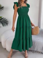 Escote cuadrado de verano con mangas anchas y pliegues, vestido informal de algodón transpirable para playa o uso diario, estilo bohemio - details 14